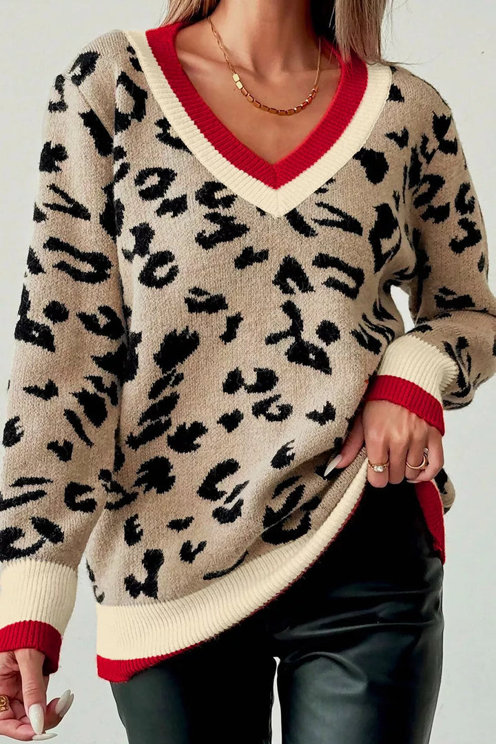 Leopard print v-neck sweater with contrast varsity rib trim