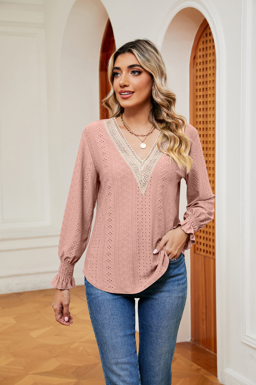 Dusty Pink Contrast crochet V-neck eyelet blouse with flounce cuffs