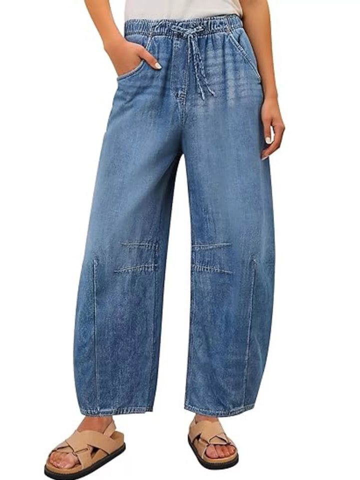 Light Blue Wide-leg drawstring jeans with elastic waist and pockets