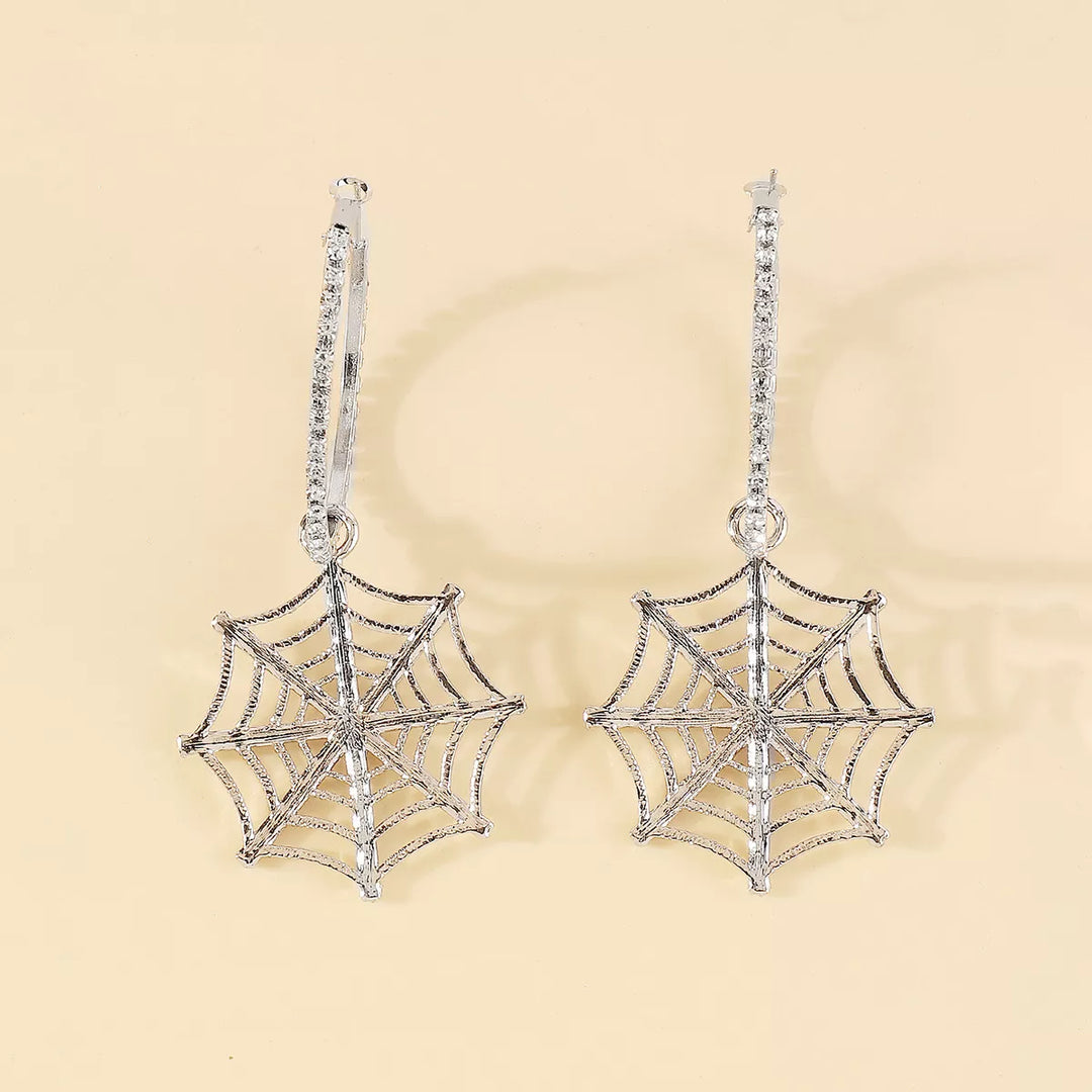 Rhinestone spider web dangle hoop earrings