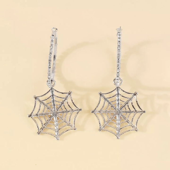 Rhinestone spider web dangle hoop earrings