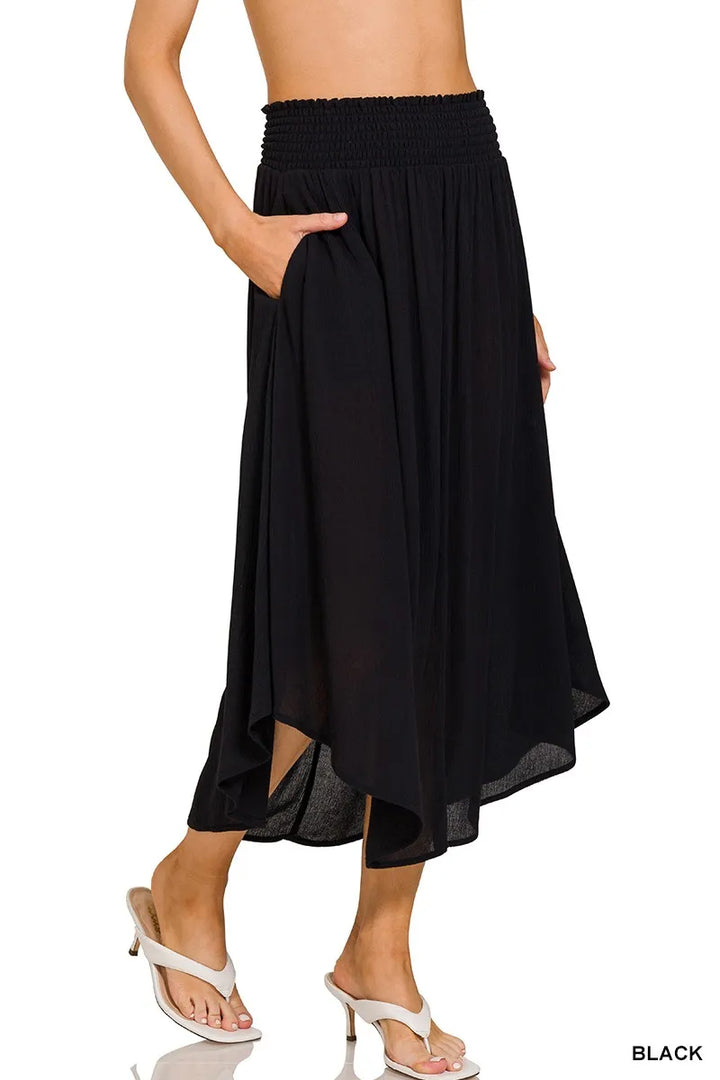 Crinkle rayon smocked waist high-low maxi skirt with pockets