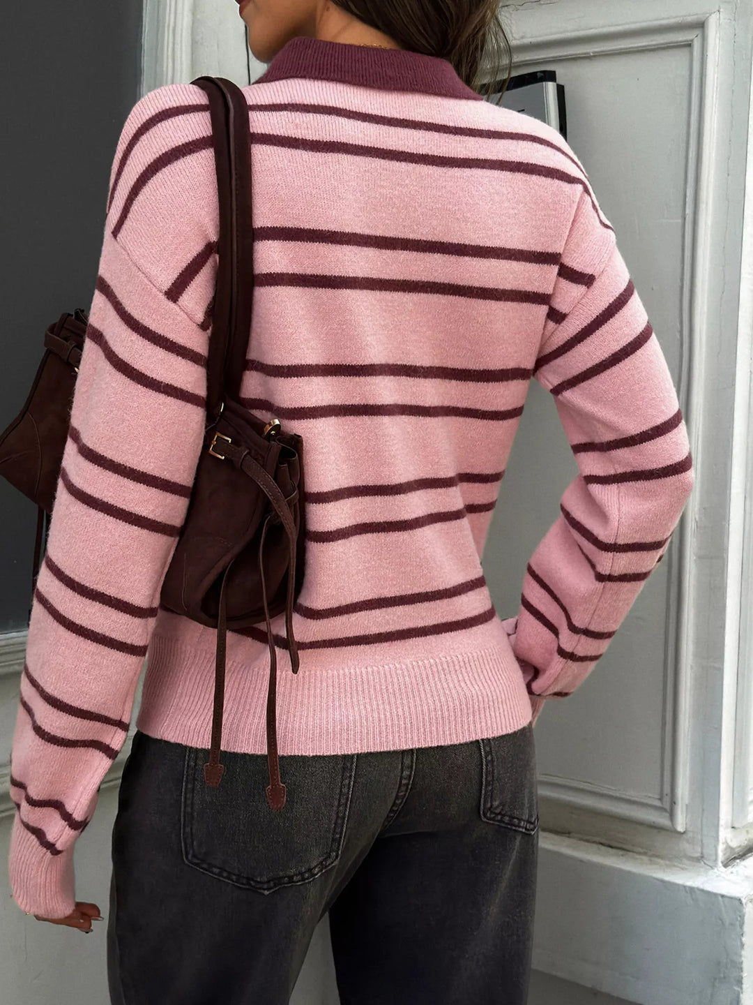 Striped polo collar sweater with dropped shoulders