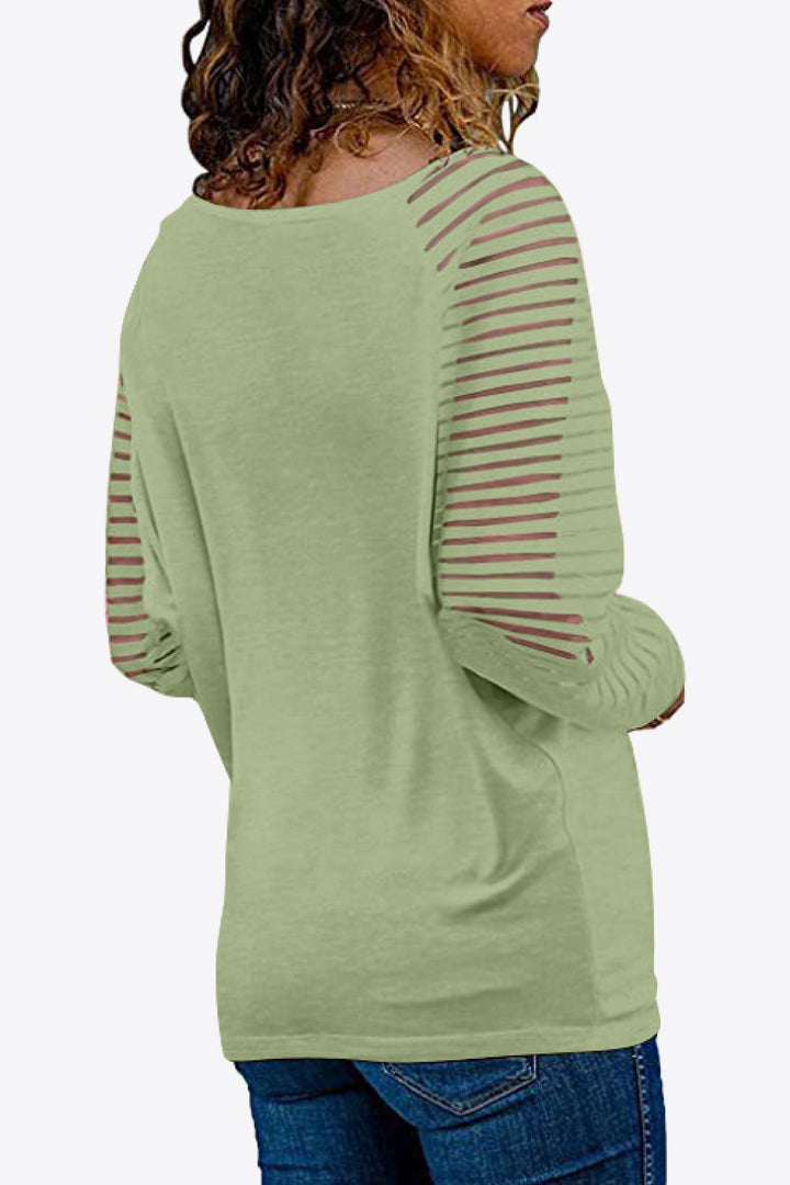 Semi-sheer striped raglan sleeve V-neck top