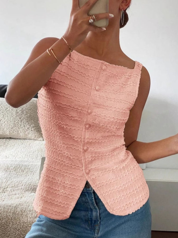 Bright Pink Textured button-front tank with square neck and split hem