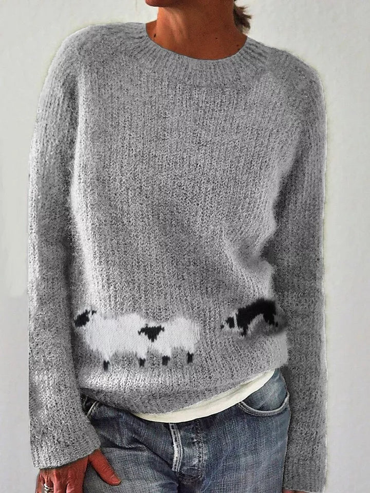 Gray Sheep motif crew neck knit sweater with ribbed trim
