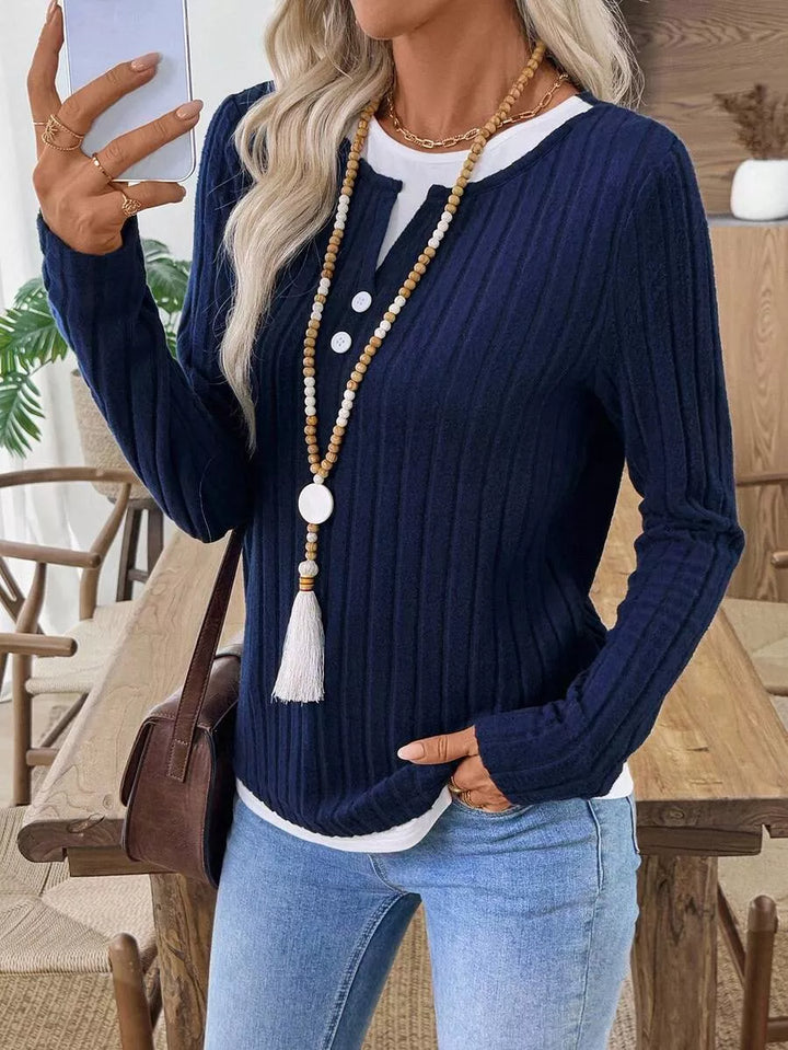 Navy Ribbed knit long sleeve henley with contrast trim