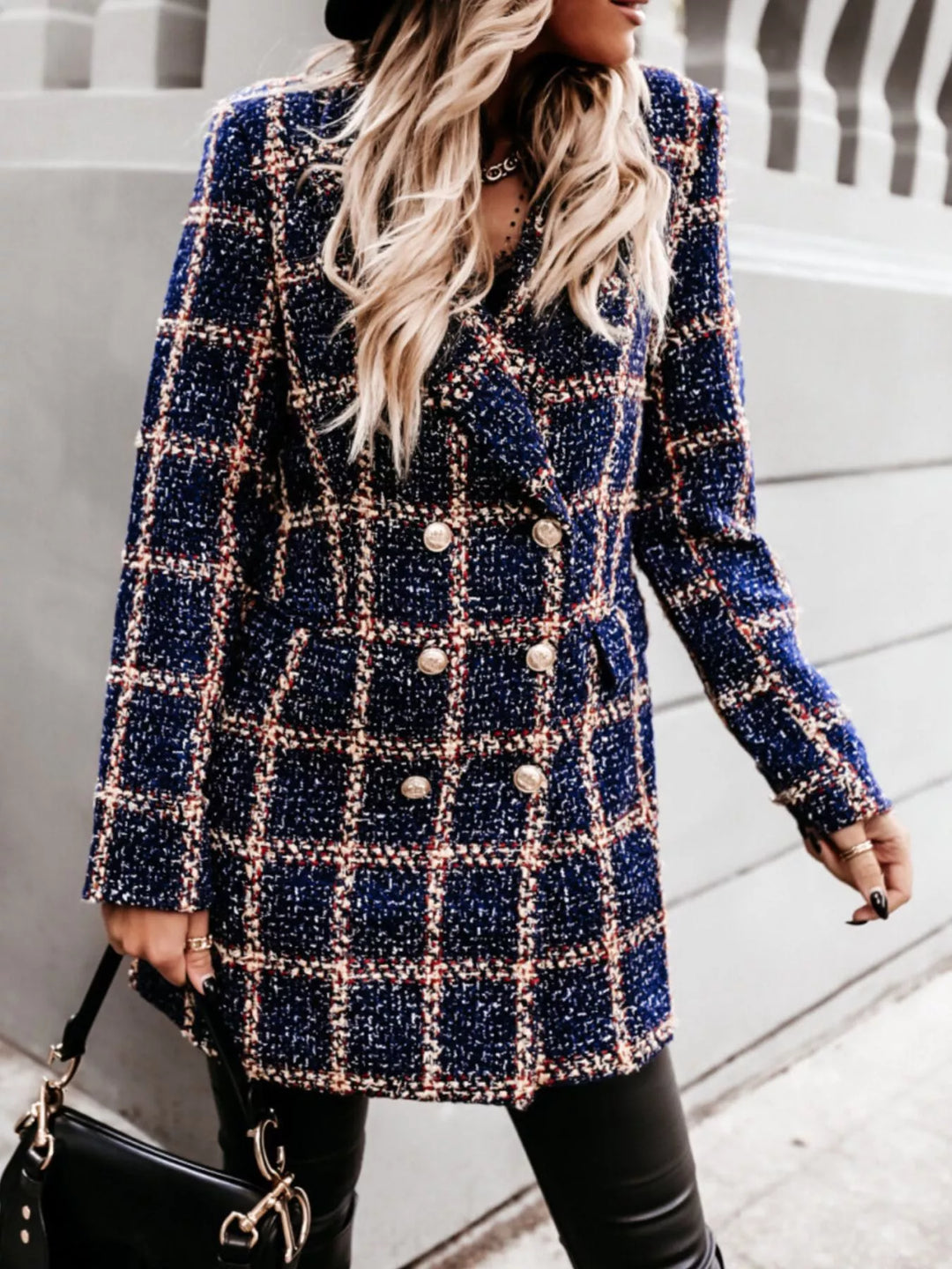 Houndstooth tweed double-breasted blazer coat with gold buttons