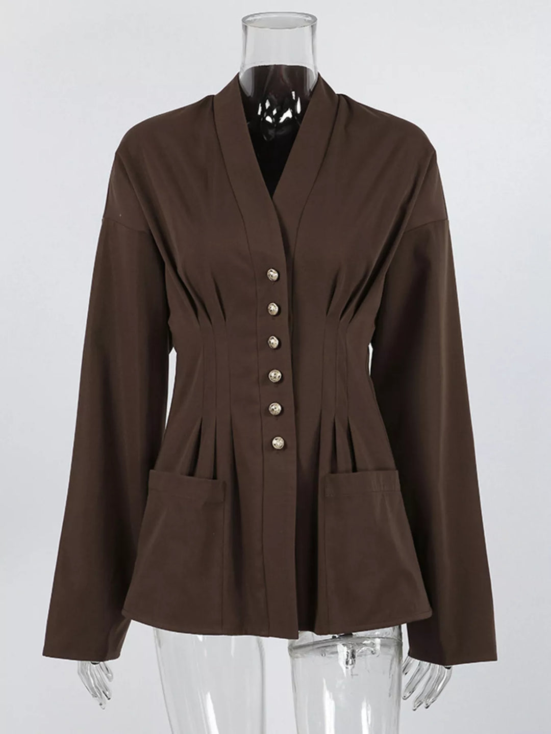 Button-front cinched-waist jacket with flared cuffs