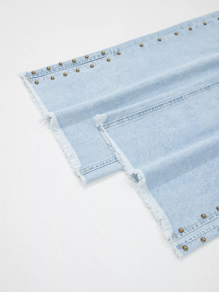 Studded wide leg jeans with side slits and frayed hem