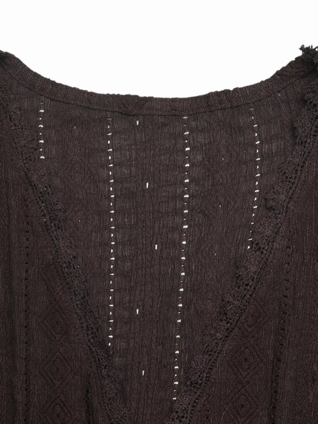 Lace-trim V-neck eyelet blouse with ruffle cap sleeves