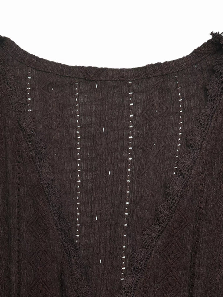 Lace-trim V-neck eyelet blouse with ruffle cap sleeves