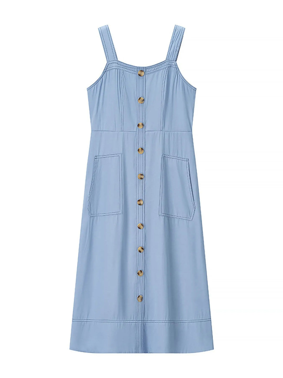Sweetheart neckline button-front denim maxi dress with pockets
