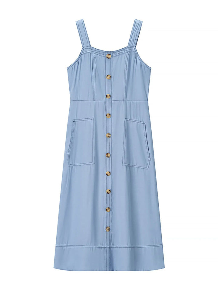 Sweetheart neckline button-front denim maxi dress with pockets