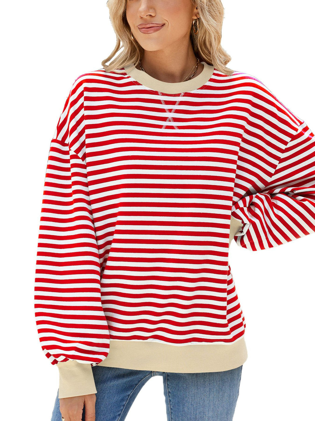 Coral Striped crew neck sweatshirt with contrast ribbed trim