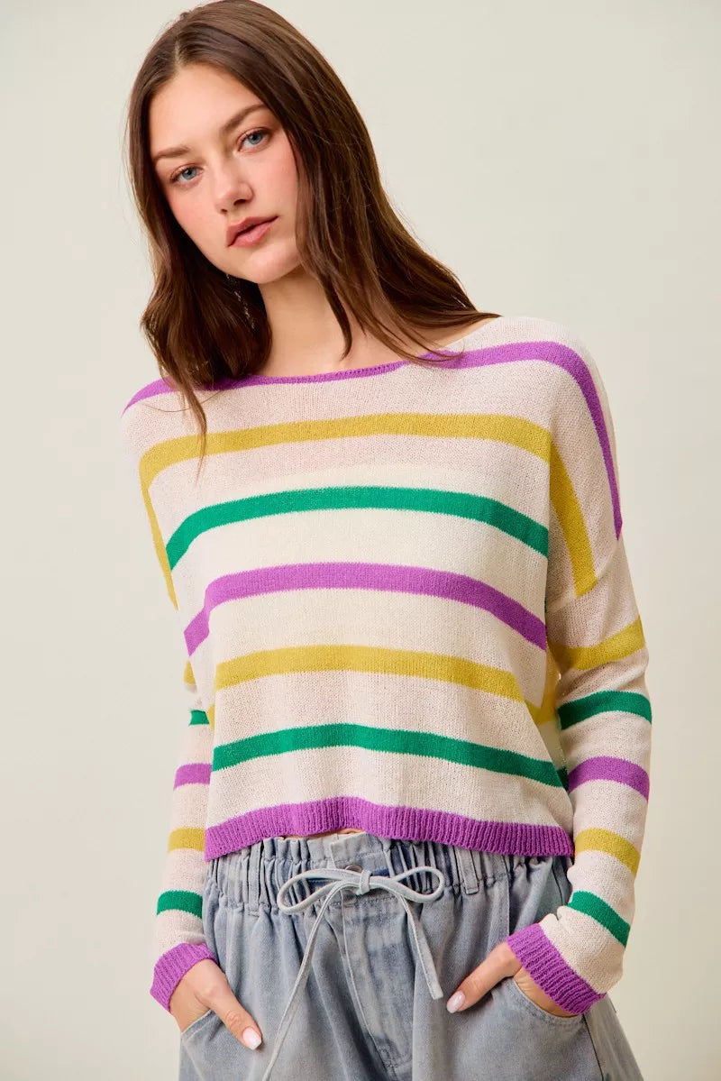 Color stripe lightweight knit sweater with boat neck