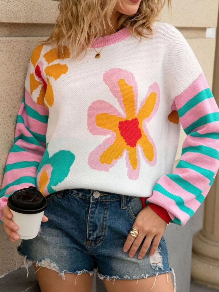 Mod floral crew neck sweater with striped sleeves