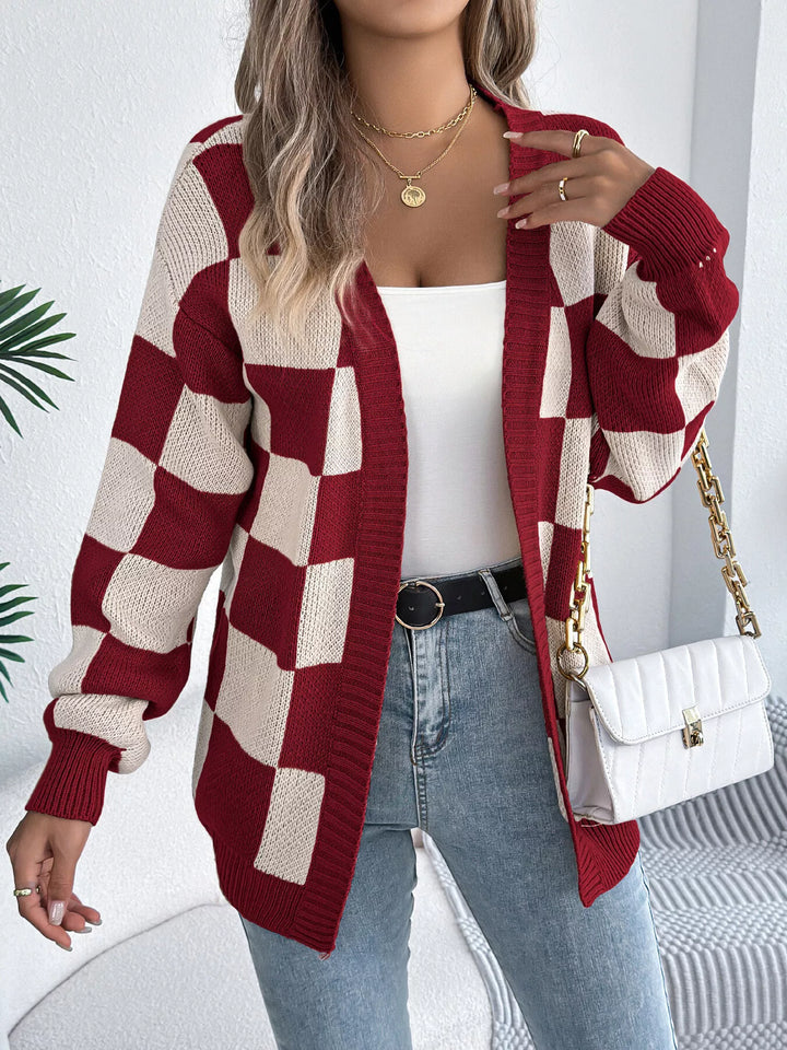 Checkerboard open front knit cardigan with ribbed trim