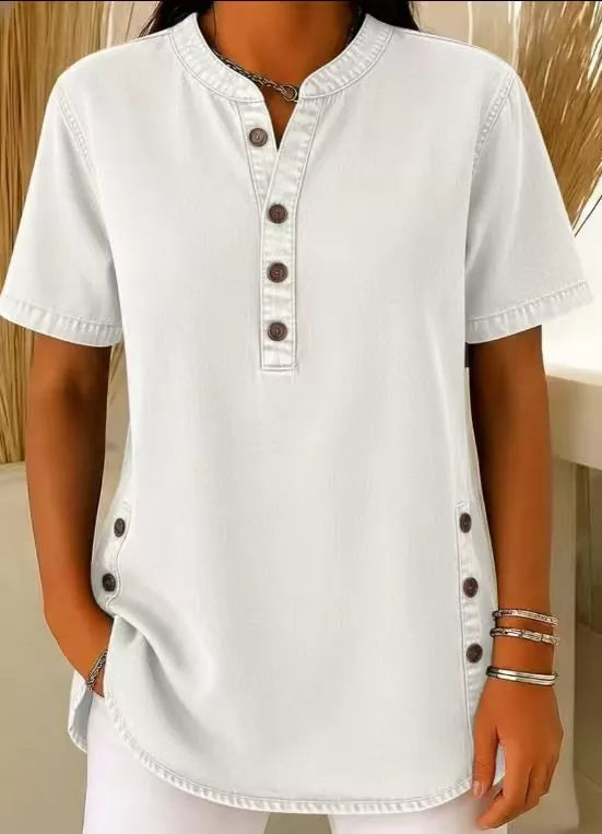 White Denim-look button-front short sleeve blouse with side slits