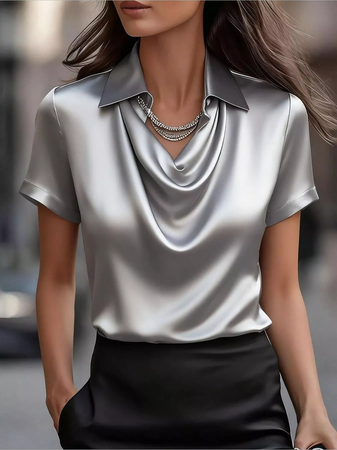 Gray Cowl neck satin blouse with collar and cuffed short sleeves