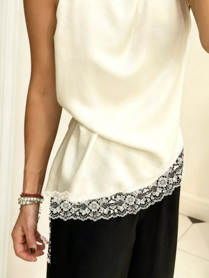 Asymmetric lace-hem satin cami with high cowl neck
