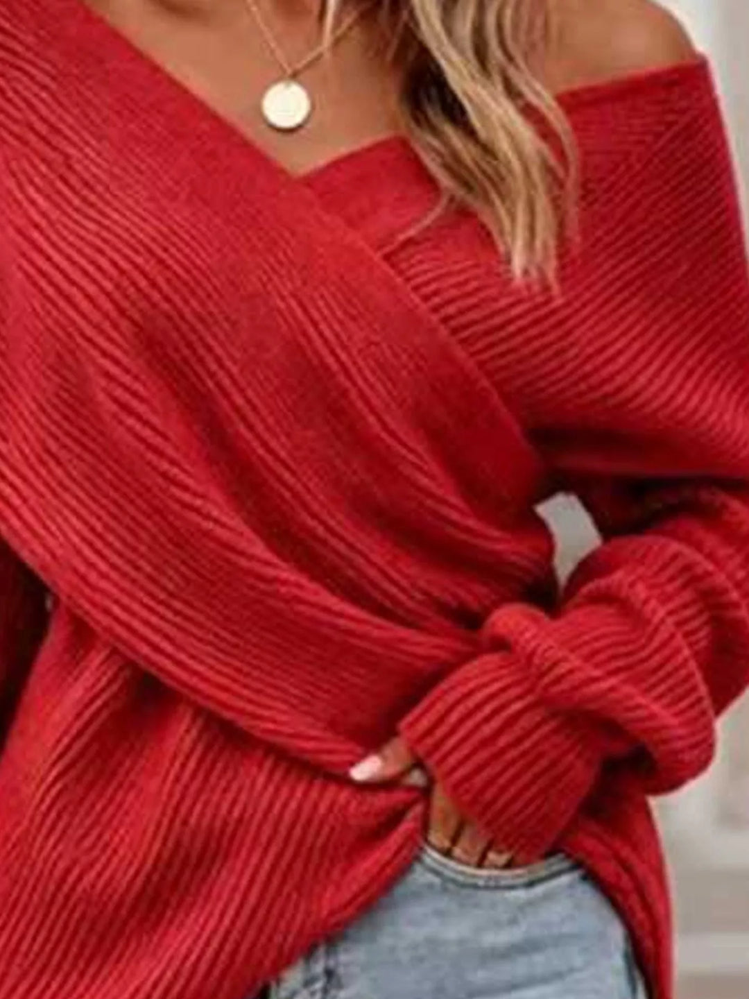 Crisscross wrap front ribbed knit sweater with dolman sleeves