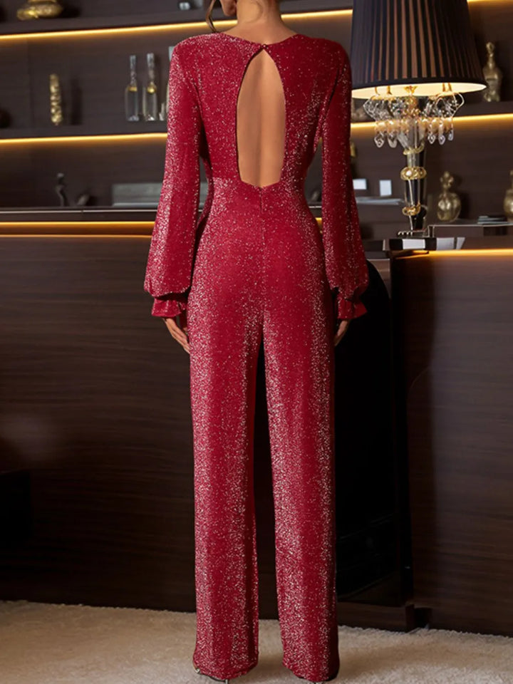 Glitter knit cutout back long sleeve wide leg jumpsuit