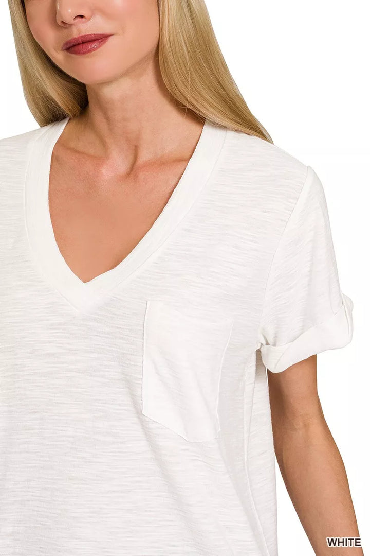 Slub knit V-neck tee with rolled sleeves and chest pocket