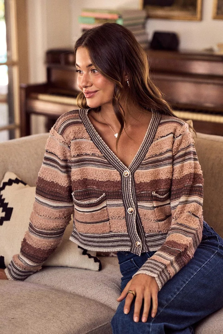 Textured stripe knit cropped cardigan with buttons and pockets
