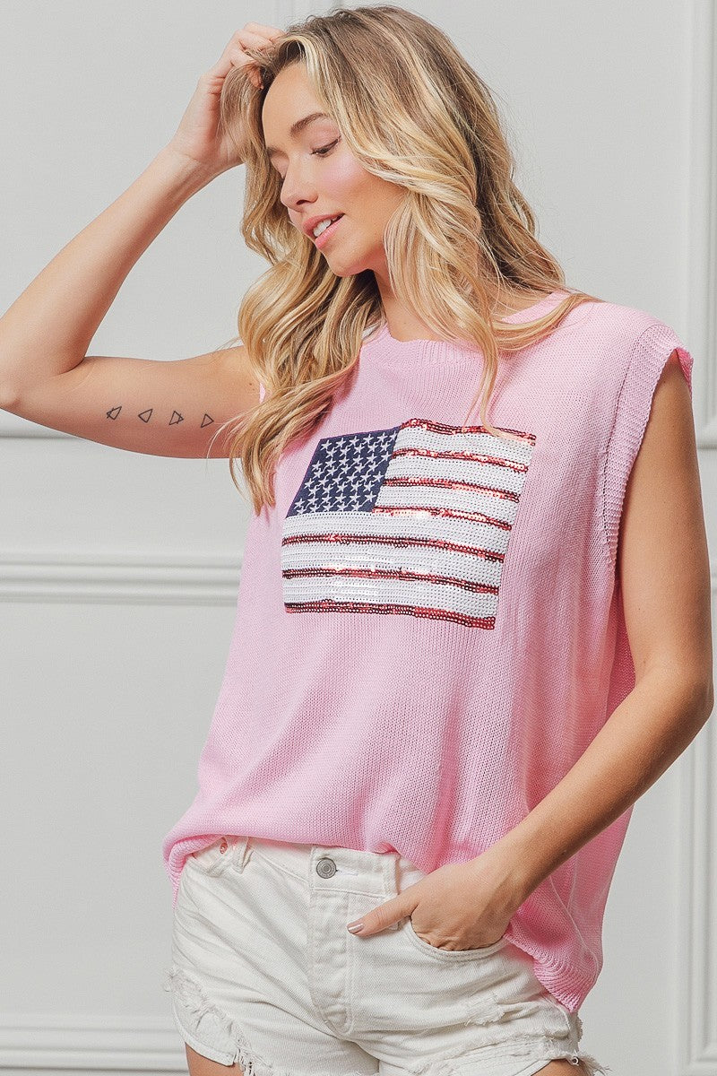 Sleeveless knit sweater vest with sequin American flag patch