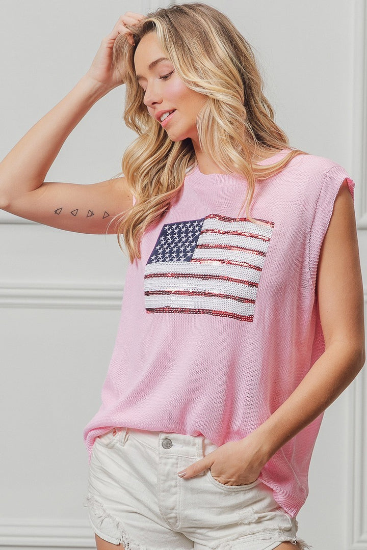 Sleeveless knit sweater vest with sequin American flag patch