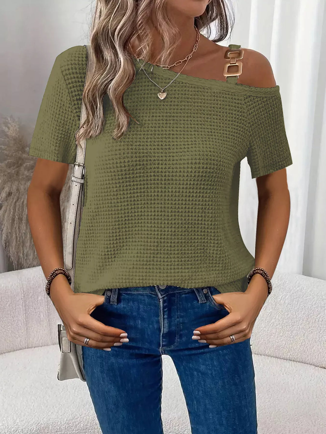 Moss One-shoulder waffle knit top with chain-link strap detail