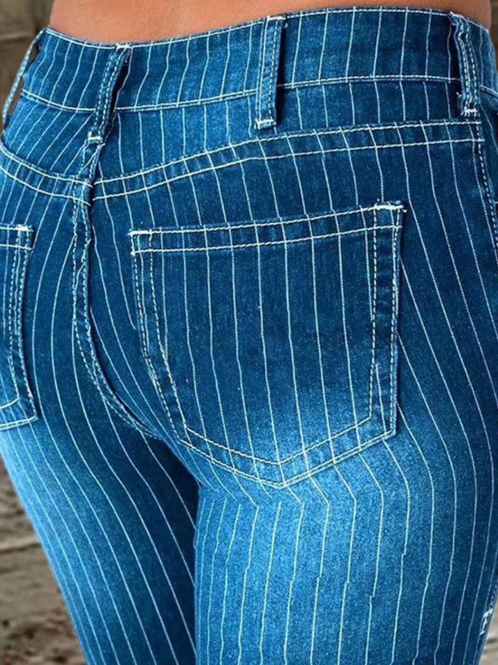 Pinstripe mid-rise button-fly flare jeans