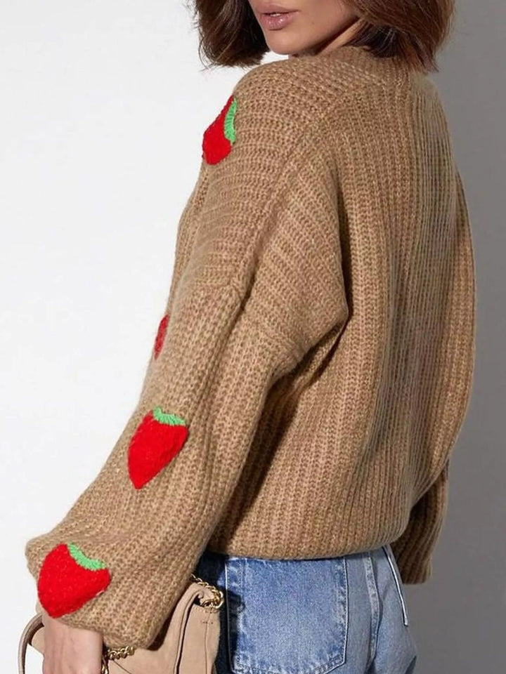 Strawberry applique chunky knit button-down cardigan