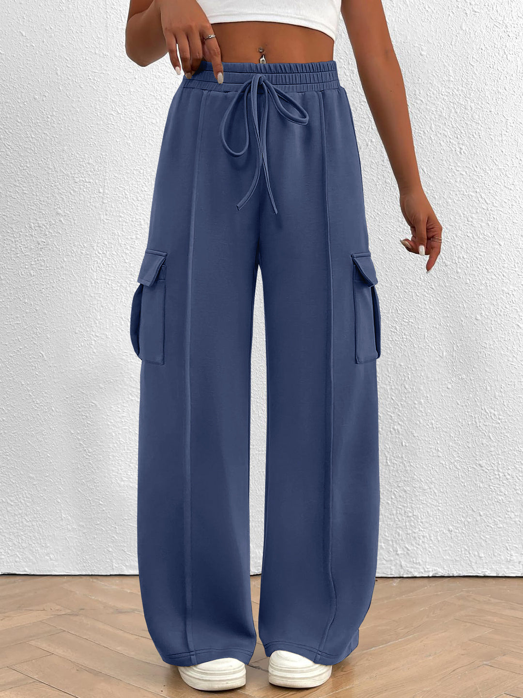 Drawstring high-waist wide-leg cargo pants with flap pockets