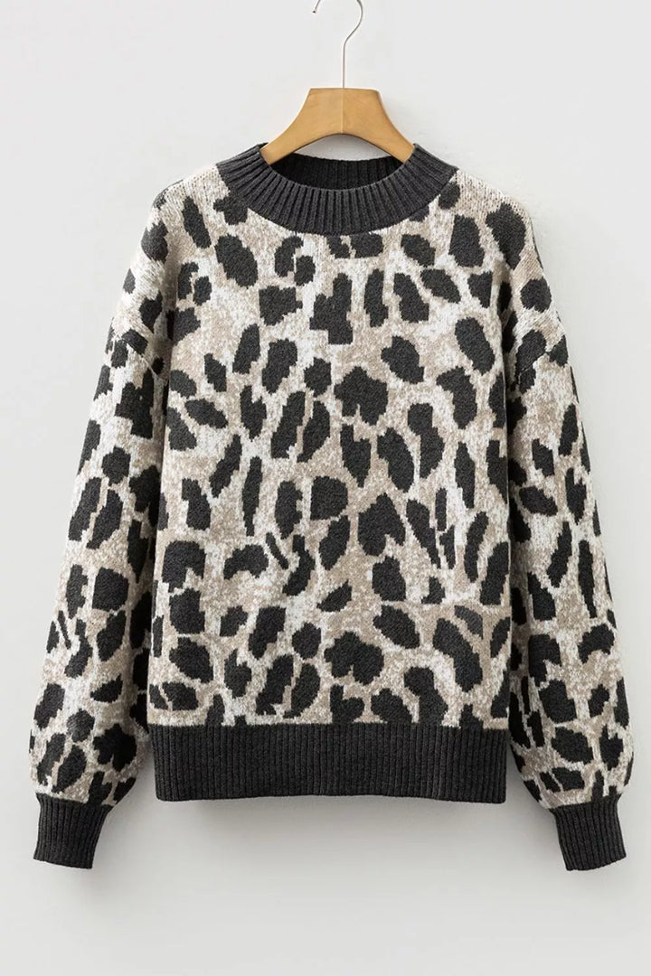 Leopard print drop shoulder knit pullover sweater