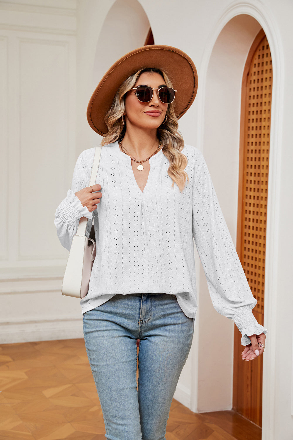 White Eyelet notched-neck blouse with flounce sleeves