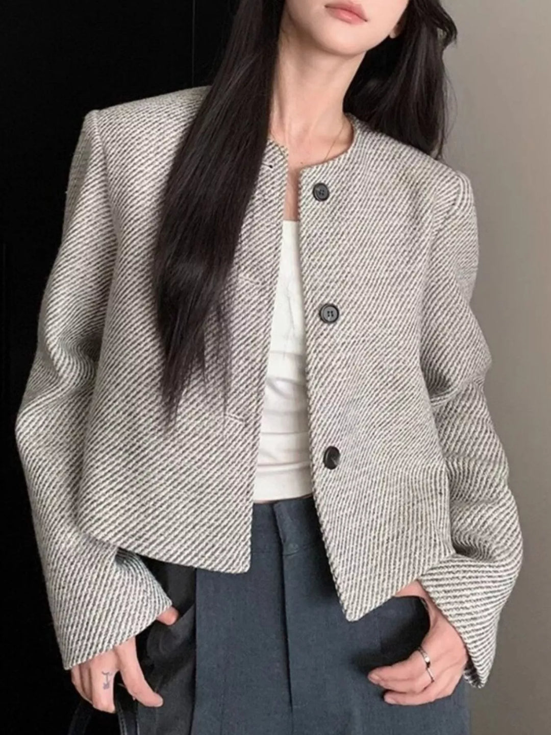 Collarless tweed cropped jacket with button front