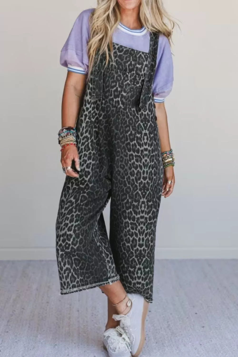 Leopard print cropped wide-leg denim overalls with raw hem