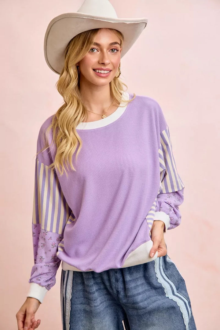 Mix-print waffle knit sweatshirt with striped and floral sleeves
