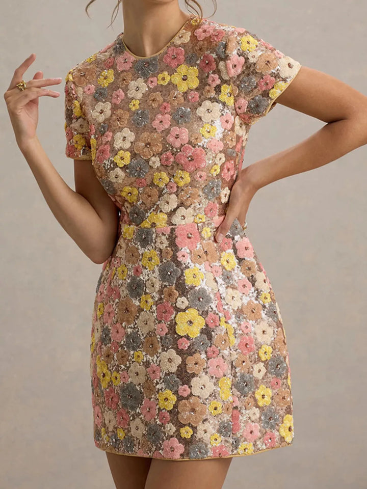 Multicolor Floral sequin appliqué mini dress with short sleeves