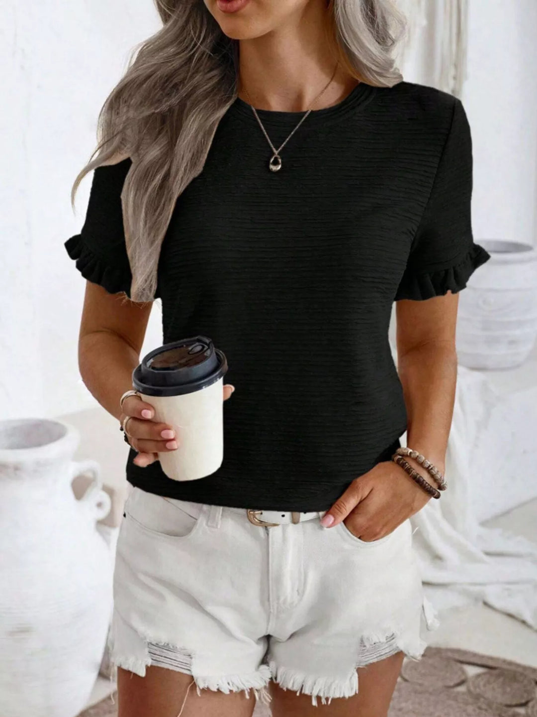 Ruffle-cuff crew neck top with crinkle texture