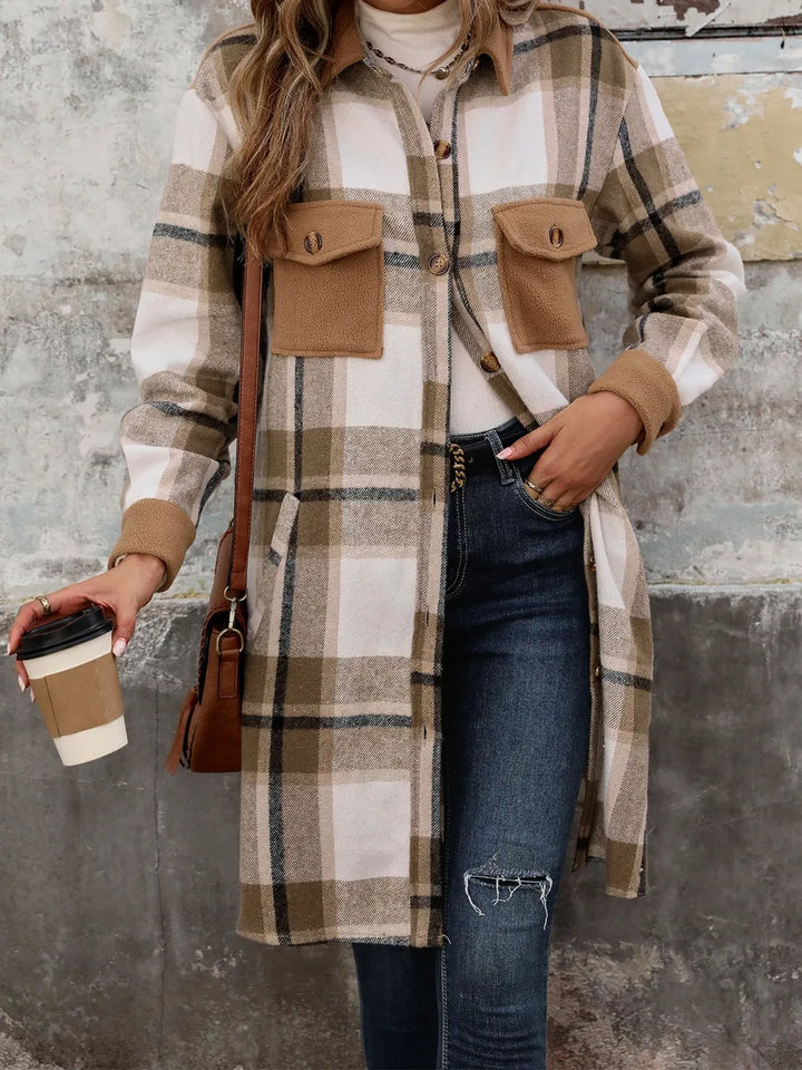 Longline plaid button-up shacket with flap pockets