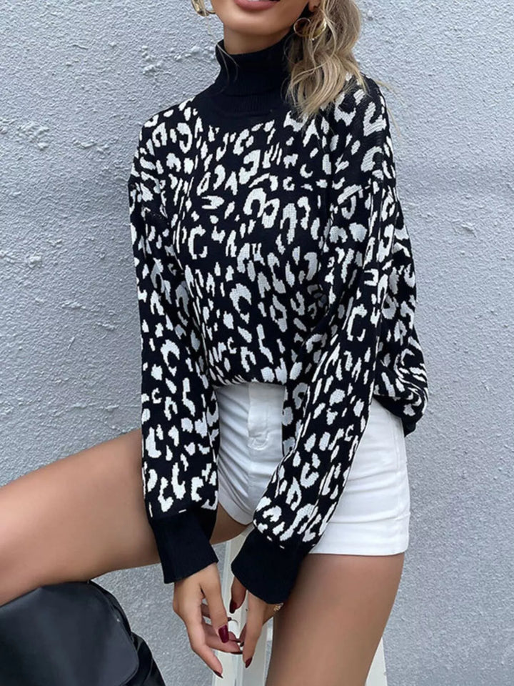Black Leopard print high-neck knit pullover sweater