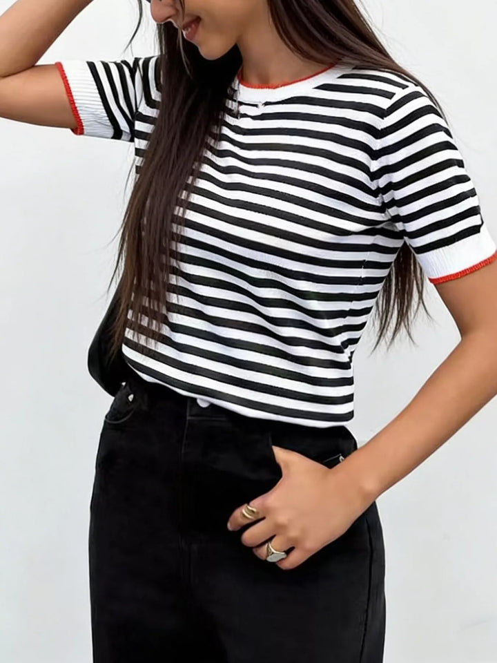 Black Striped short sleeve knit top with contrast ribbed trim