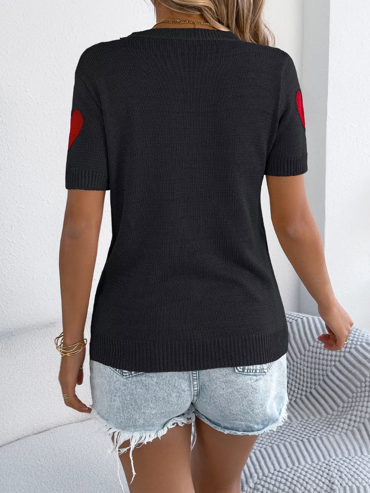 Red heart short sleeve knit top with crew neck