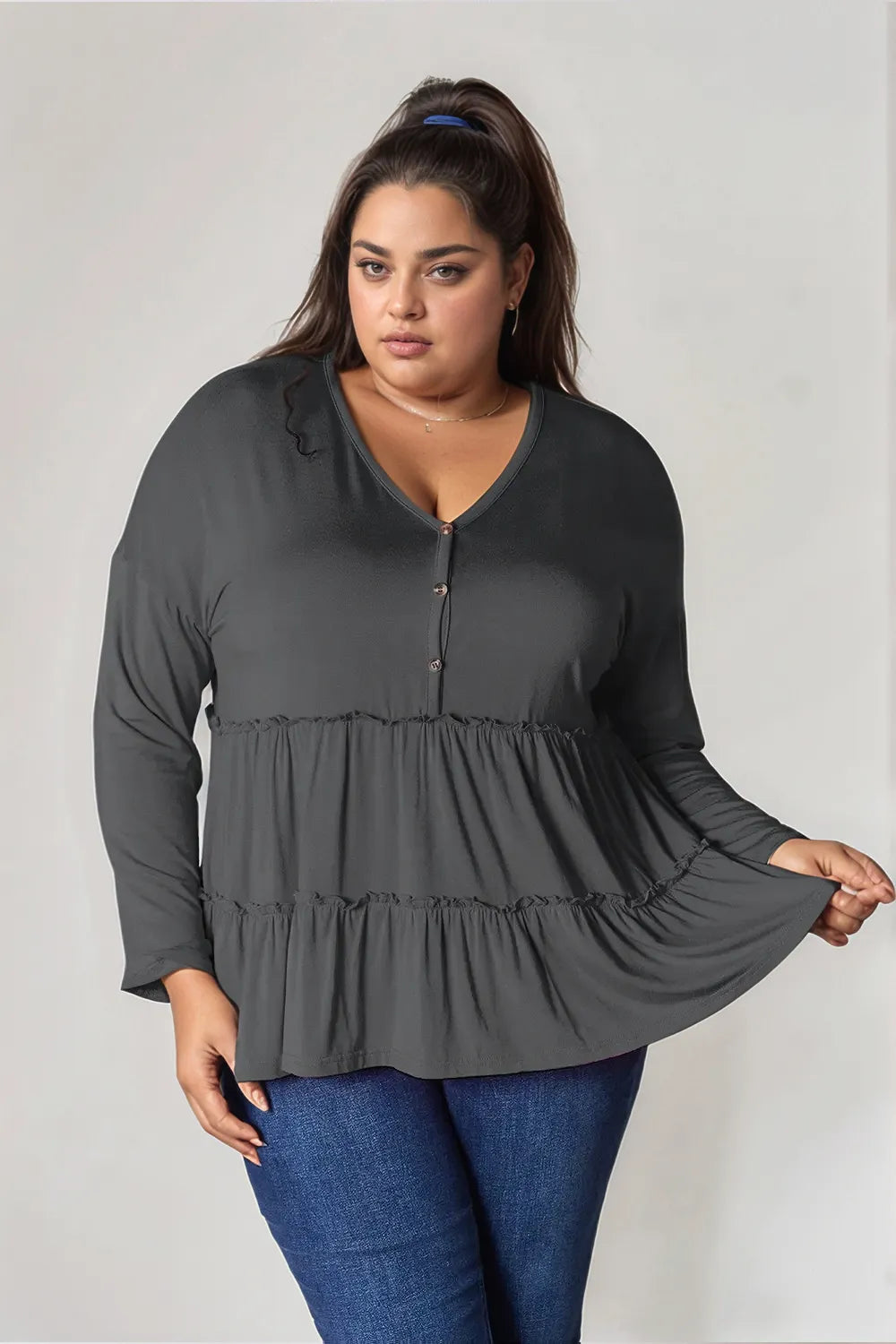 Dark Gray Half-button long sleeve blouse with tiered ruffle hem
