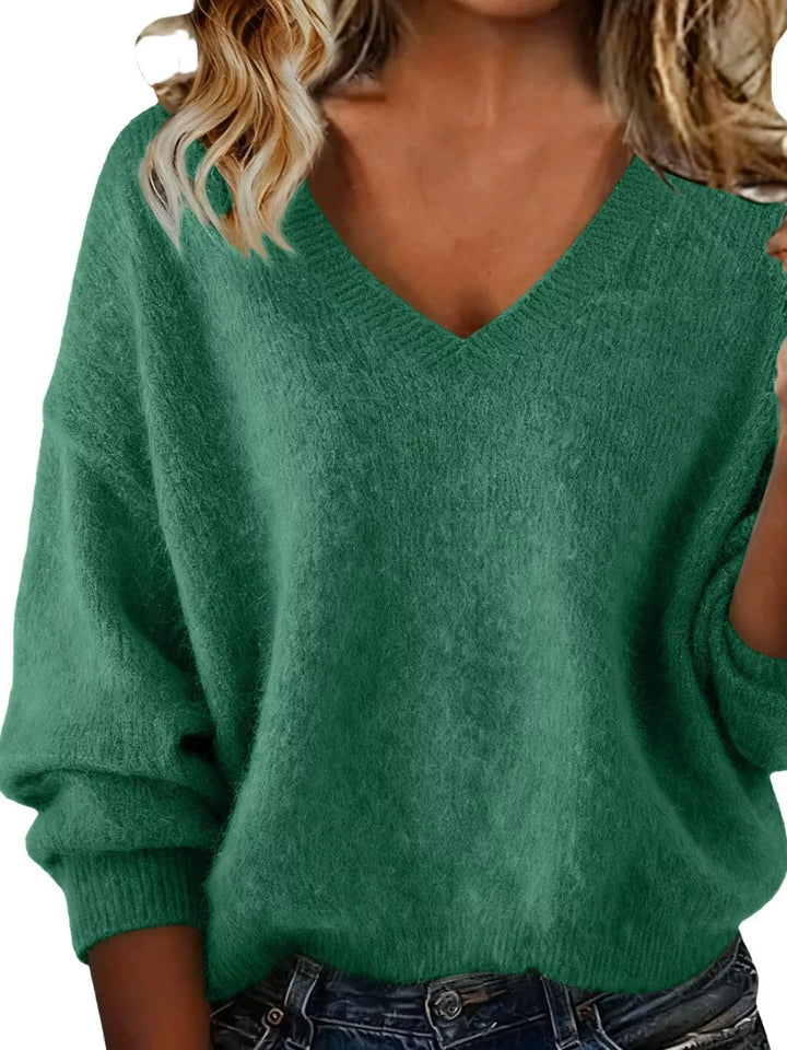 Green Dropped-shoulder V-neck brushed knit sweater