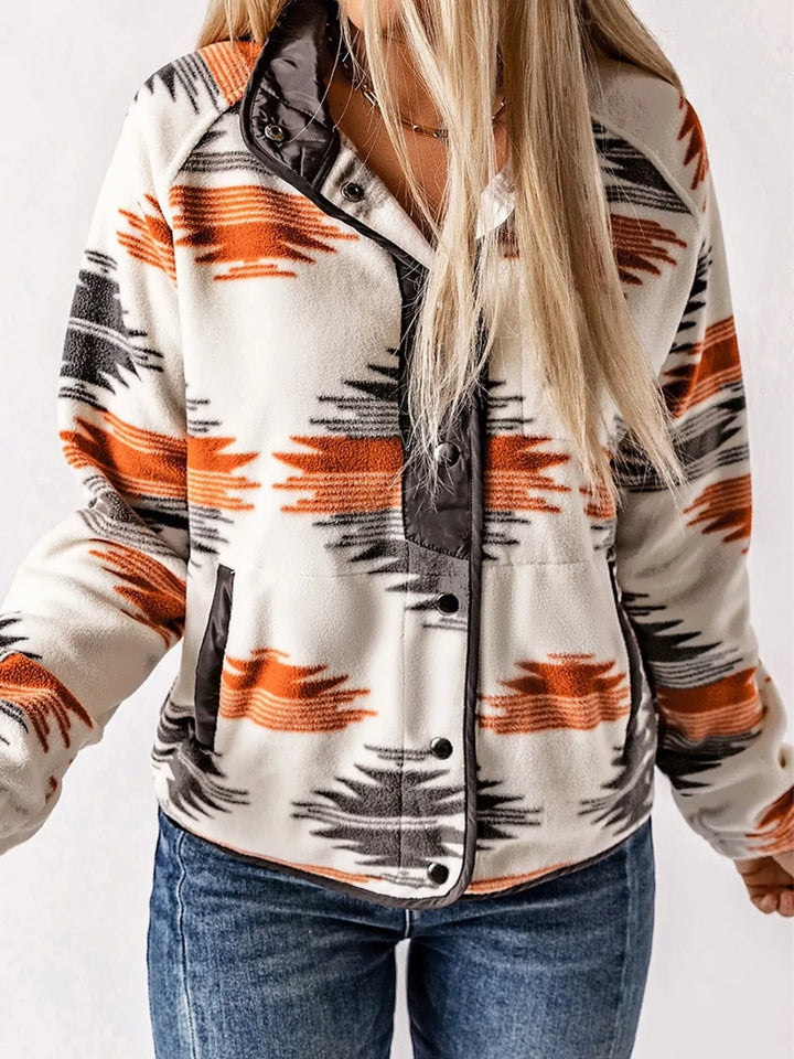 Aztec print fleece snap-front jacket with zip chest pocket