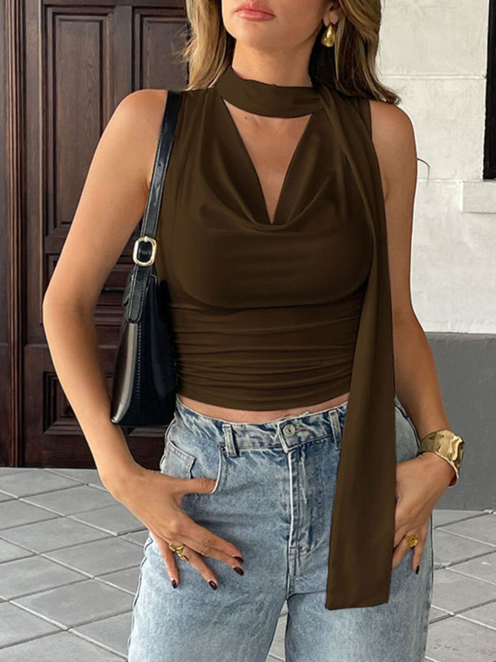 Ruched cowl neck cami with tie choker neckline